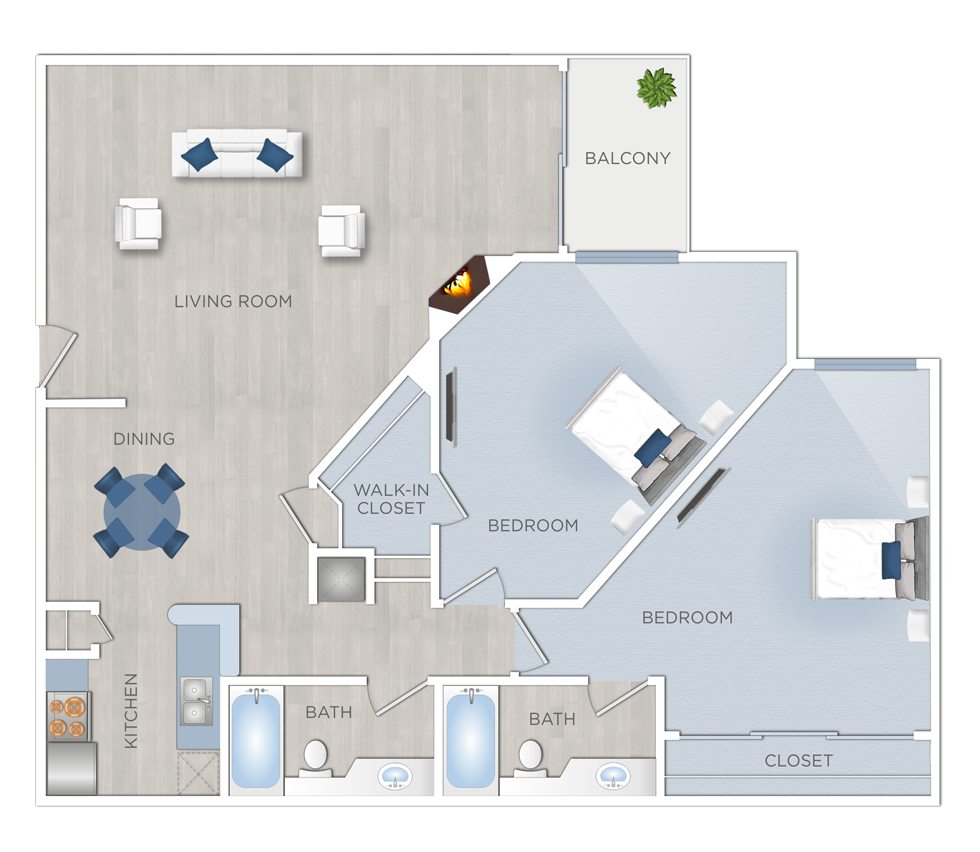 Floor plan for 2 beds, 2 baths, 1217 sqft